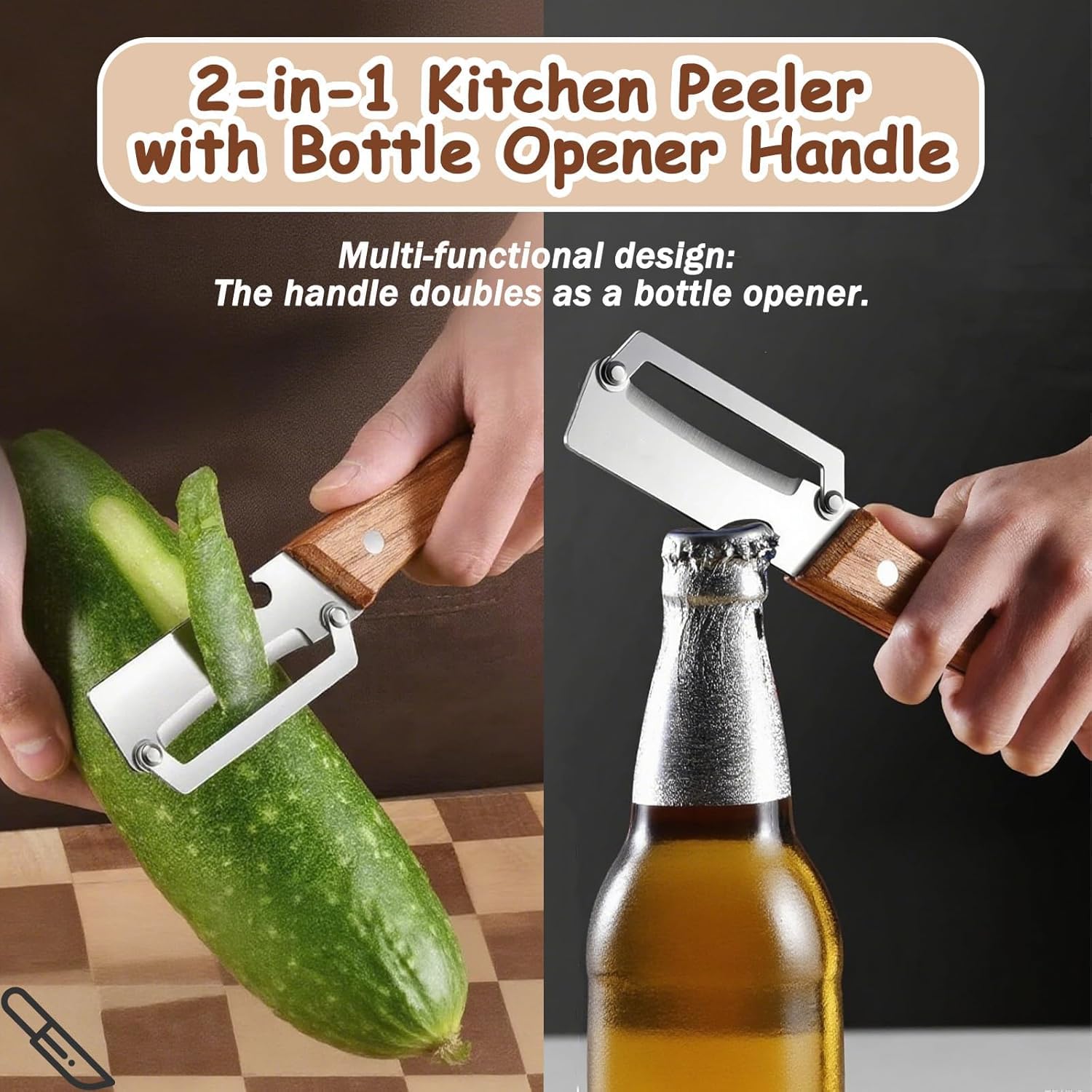 2-in-1 Peeler & Bottle Opener — Stainless Steel + Wooden Grip (1 Pc)